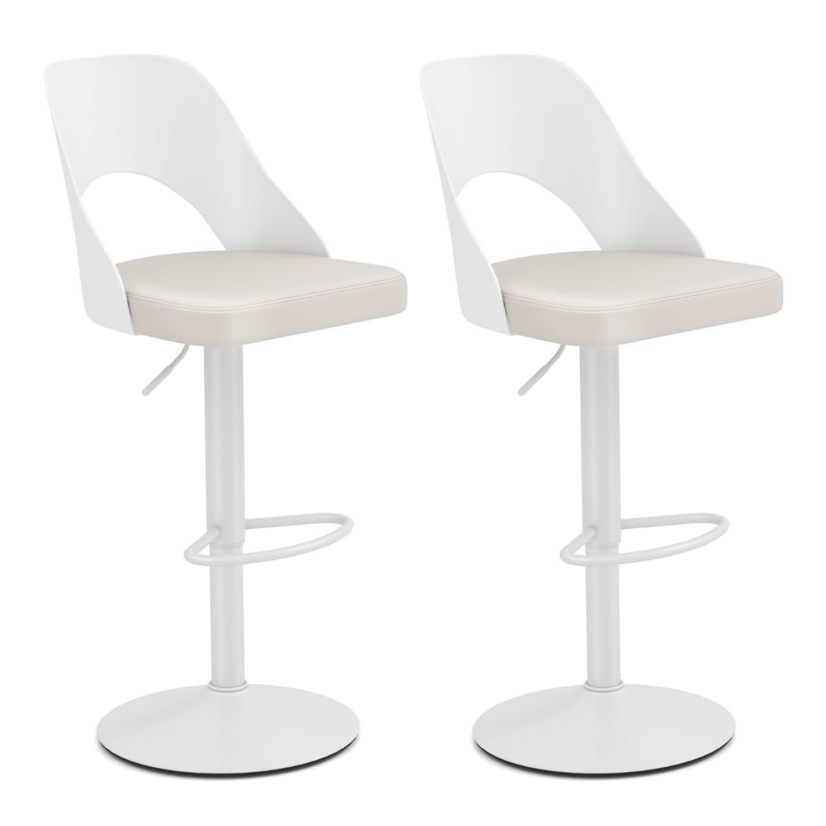 CostwayLot de 2 Tabourets de Bar Pivotantes à 360° Siège Réglable en Hauteur Chaises de Cuisine avec Assise et Dossier en Simili Cuir Blanc