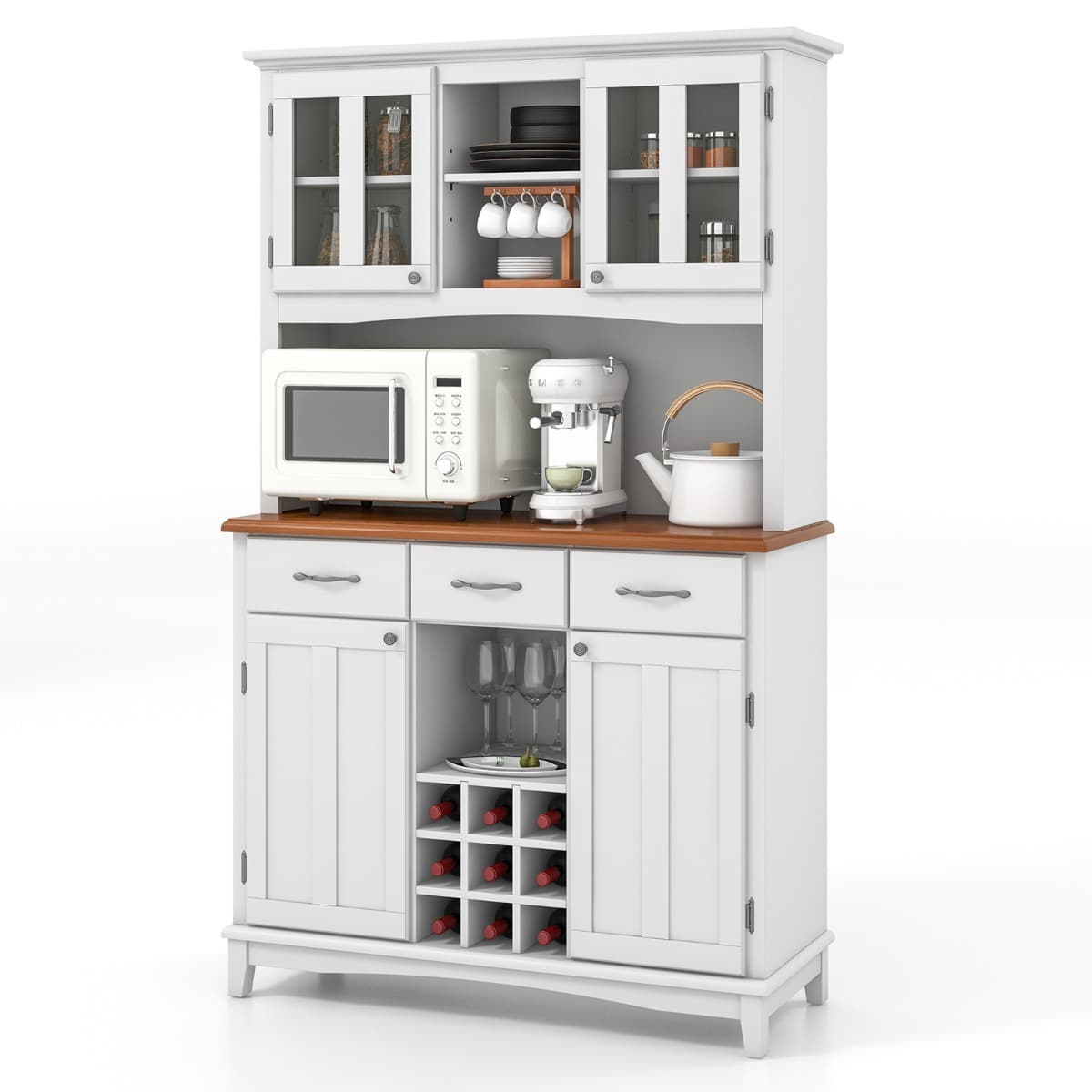 CostwayBuffet de Cuisine avec Vaisselier Armoire de Rangement de Cuisine avec Cabinet en Verre Trempé Porte-Bouteilles Étagères Réglables Blanc