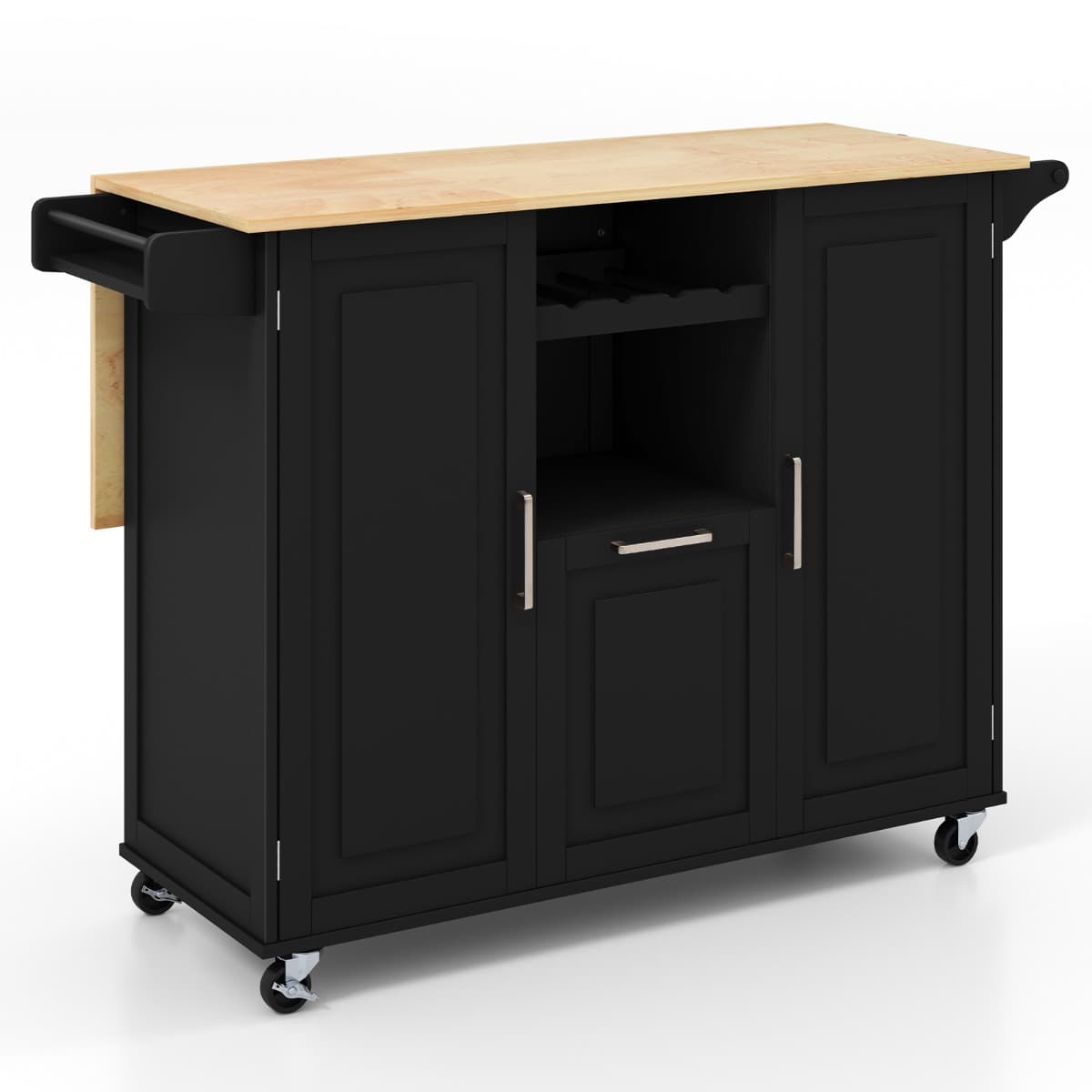 CostwayDesserte de Cuisine à Roulettes Plans de Travail Rabattable en Bois Tiroir profond Casier à vin îlot de Cuisine Noir