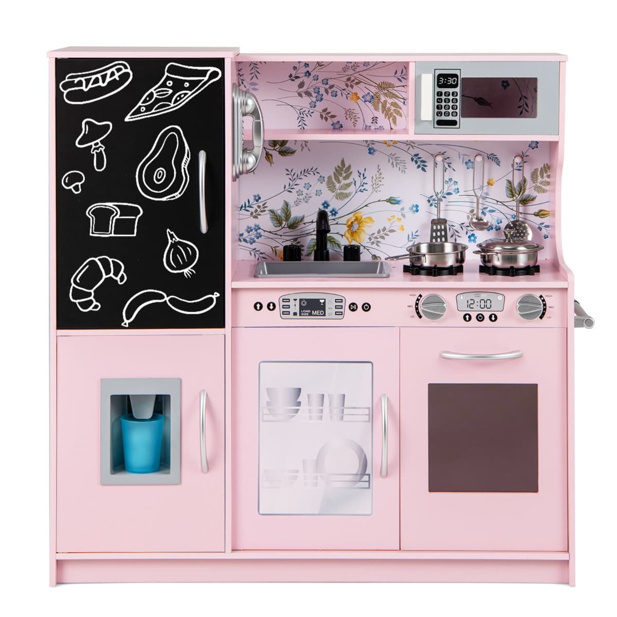 CostwayCuisine Enfants 3 - 6 Ans en Bois avec Téléphone Tableau Noir Micro-ondes Machine de Glaçons 7 Accessoires Rose+Noir