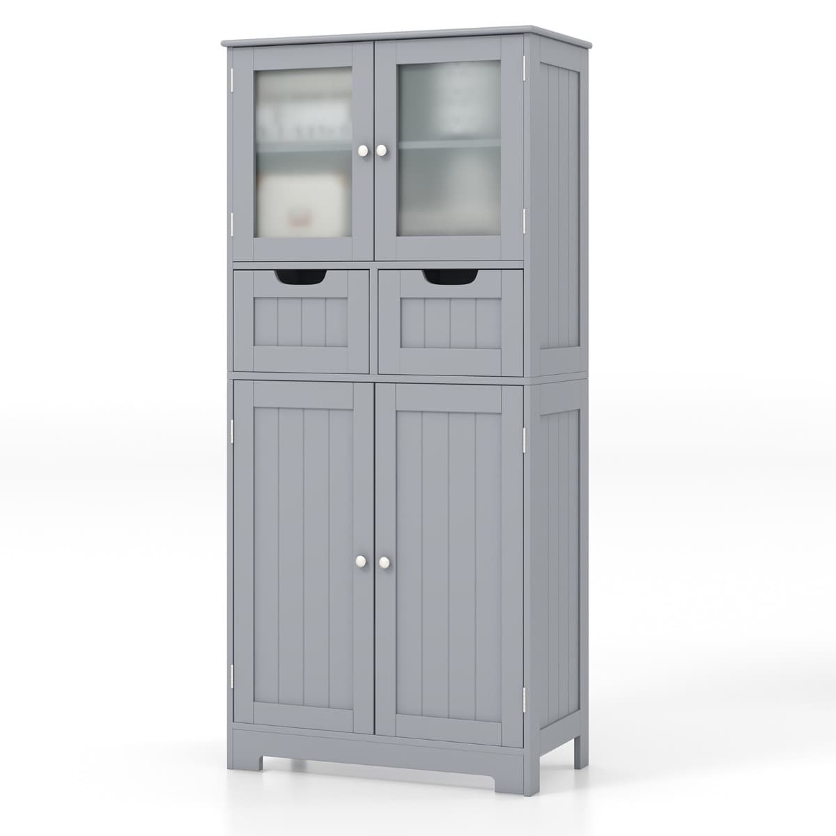 CostwayMeuble de Salle de Bain à 4 Portes 2 Tiroirs Colonne Salle de Bain Armoire Haute avec Étagères Réglables pour Salon Cuisine 60x30x128cm Gris